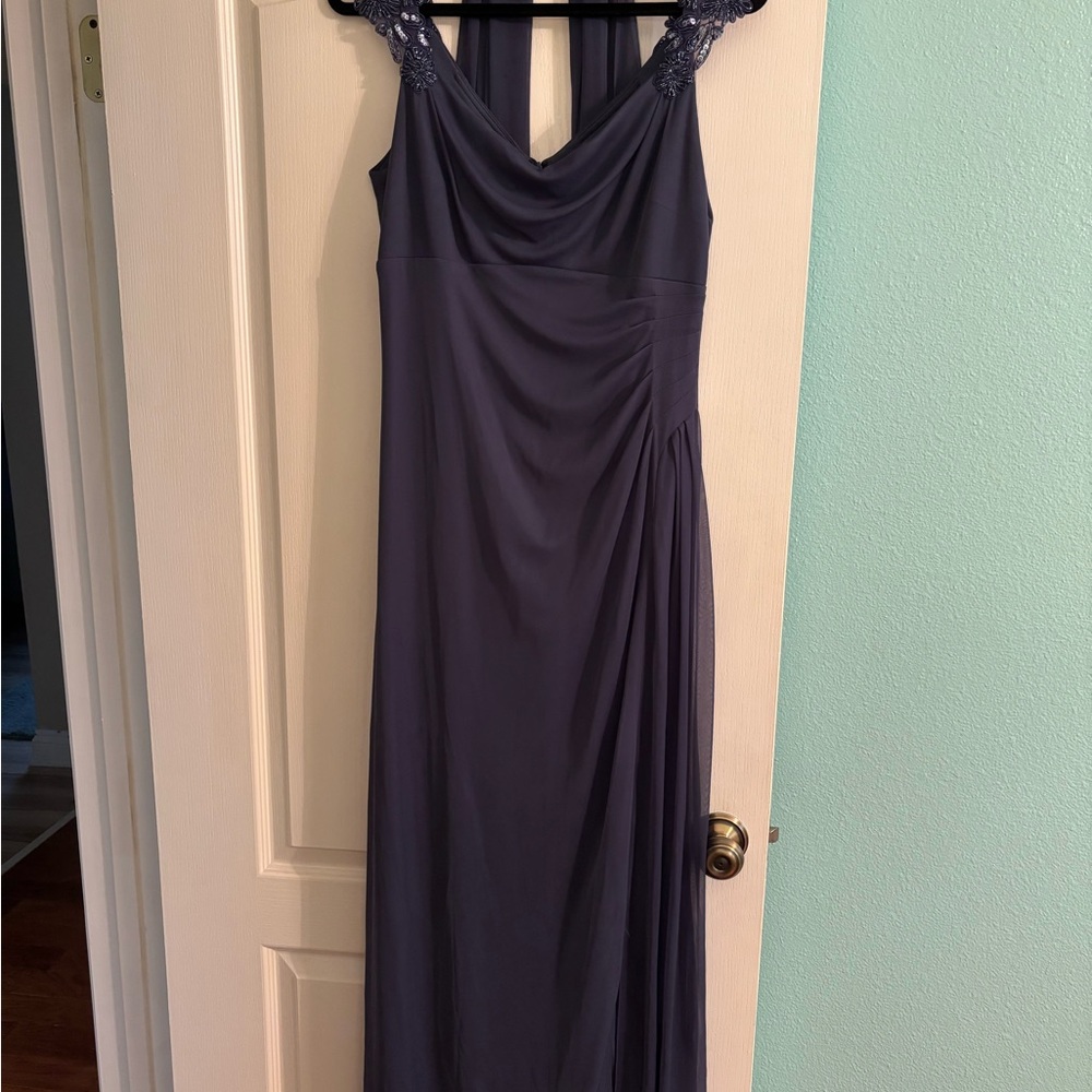 Alex Evenings Blue Asymmetrical Ruched Maxi Gown